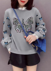 Trendy Grey Lace Patchwork Print Lässiges Herbst-Sweatshirt Streetwear