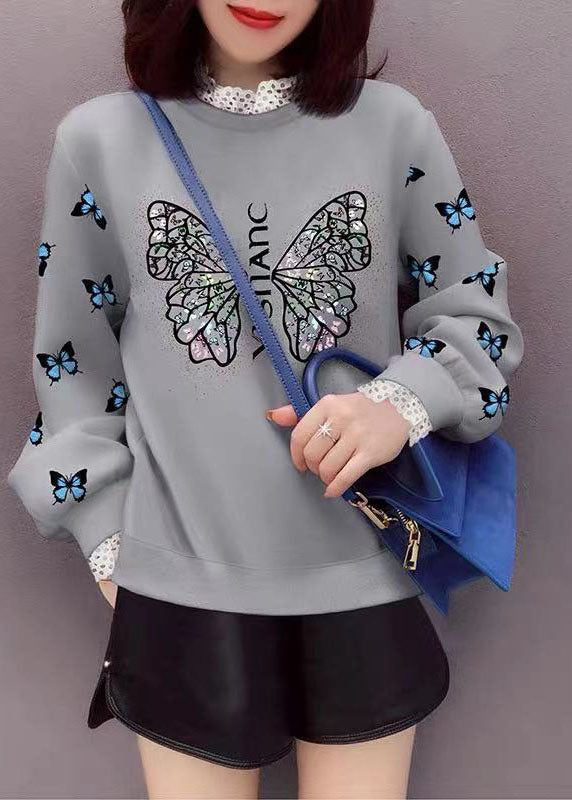 Trendy Grey Lace Patchwork Print Casual Fall Sweatshirt Street wear