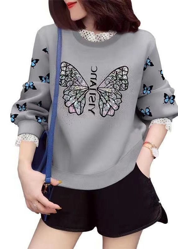 Trendy Grey Lace Patchwork Print Casual Fall Sweatshirt Street wear