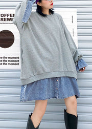 Trendy Grey Patchwork Denim Button Fall Sweatshirts Top