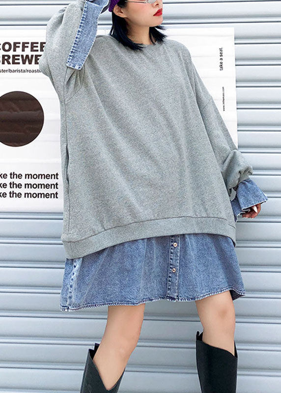 Trendy Grey Patchwork Denim Button Fall Sweatshirts Top