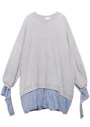 Trendiges graues Patchwork-Denim-Knopf-Herbst-Sweatshirt-Oberteil