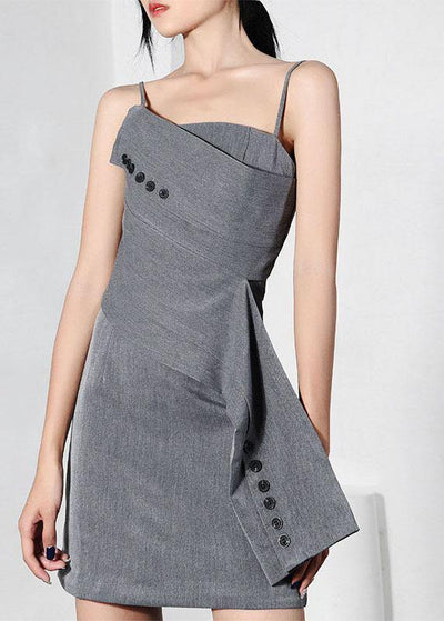 Trendy Grey asymmetrical design Button Spaghetti Strap Mini Dress - bagstylebliss