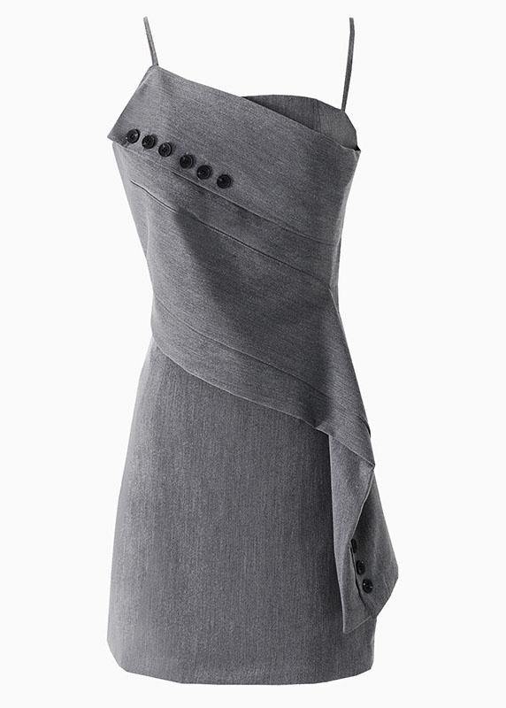 Trendy Grey asymmetrical design Button Spaghetti Strap Mini Dress - bagstylebliss
