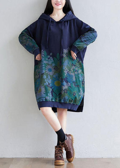 Trendy Navy Hooded Pockets Print Side Open Fall Sweatshirts Dress - bagstylebliss