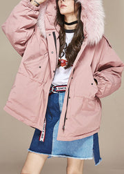 Trendy Pink Raccoon Haarkragen Taschen mit Reißverschluss Winter Duck Down Puffer Jacket