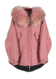 Trendy Pink Raccoon Haarkragen Taschen mit Reißverschluss Winter Duck Down Puffer Jacket