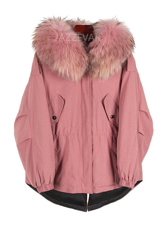 Trendy Pink Fur collar Pockets zippered Winter Duck Down Puffer Jacket