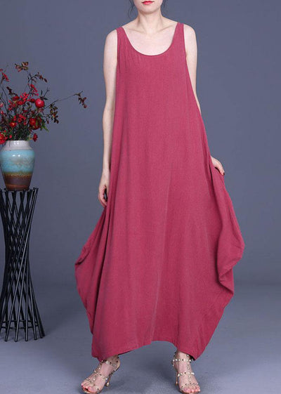 Trendy Red O-Neck Asymmetrical Design Summer Silk Dresses Sleeveless - bagstylebliss
