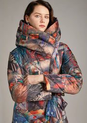 Trendy tie waist slim fit long Print Winter Duck Down coat