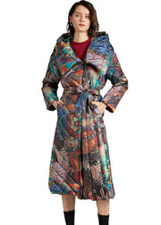 Trendy tie waist slim fit long Print Winter Duck Down coat