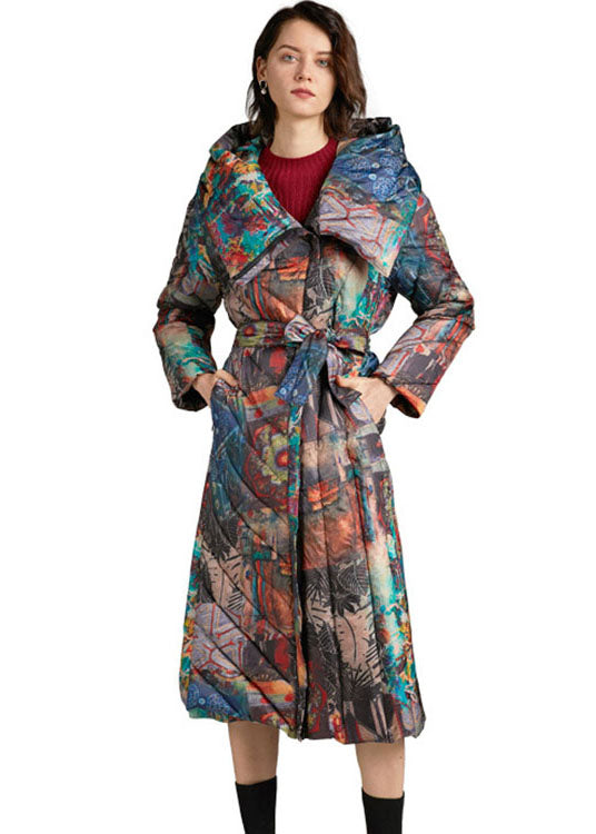 Trendy tie waist slim fit long Print Winter Duck Down coat