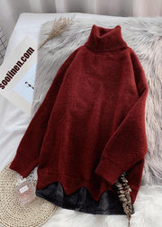 Turtleneck sweater women loose burgundy net red inner padded top - bagstylebliss