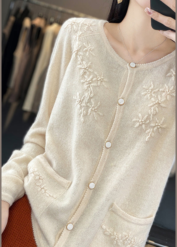 Unique Beige Floral Button Cashmere Knit Cardigan Long Sleeve