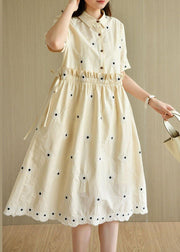 Unique Beige Yellow PeterPan Collar Button Embroideried Summer Cotton Vacation Dresses - bagstylebliss