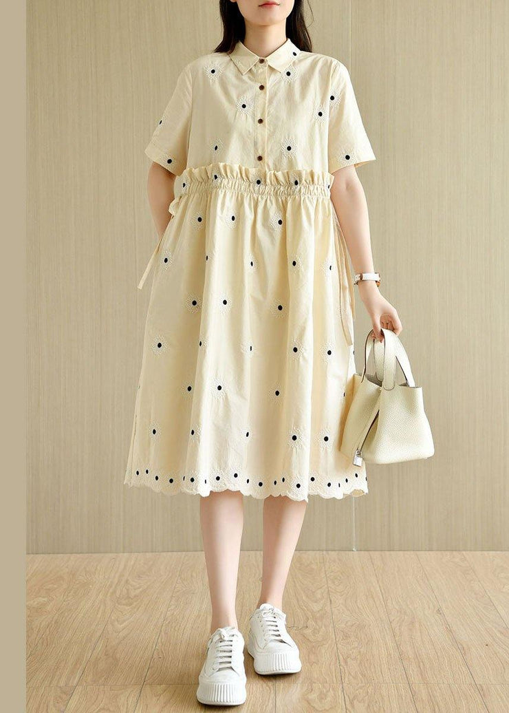 Unique Beige Yellow PeterPan Collar Button Embroideried Summer Cotton Vacation Dresses - bagstylebliss