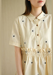 Unique Beige Yellow PeterPan Collar Button Embroideried Summer Cotton Vacation Dresses - bagstylebliss