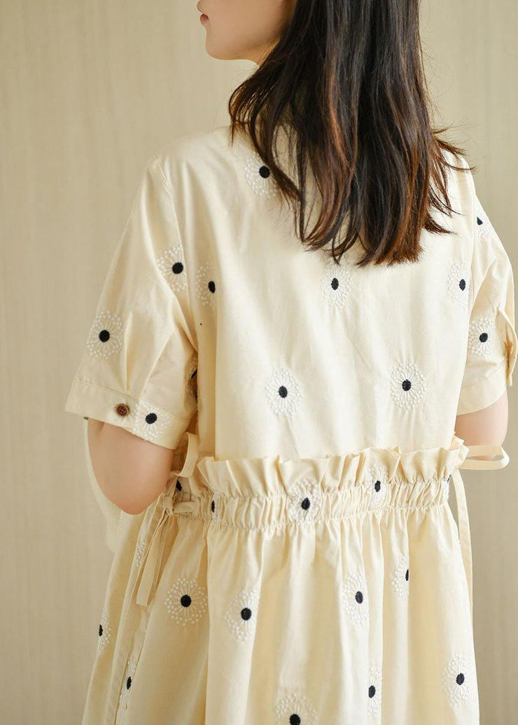 Unique Beige Yellow PeterPan Collar Button Embroideried Summer Cotton Vacation Dresses - bagstylebliss