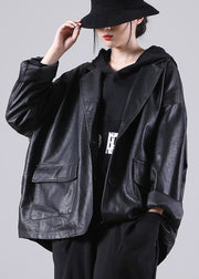 Unique Black  Notched Pockets Button Fall Long PU Sleeve Coat