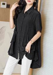 Unique Black Button Low High Design Patchwork Cotton Shirt Fall