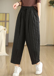 Unique Black Cinched Pockets Elastic Waist Fine Cotton Filled Pants Winter