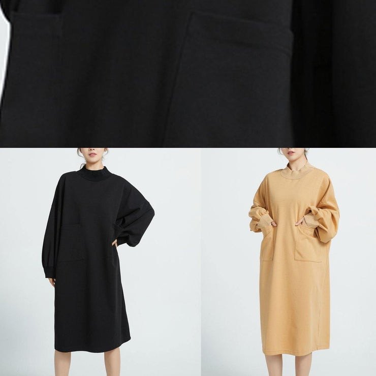 Unique Black Cotton Dresses O Neck Cotton Big Pockets Dresses - bagstylebliss