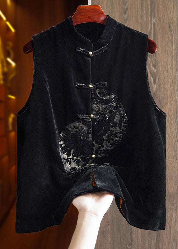 Unique Black Embroidered Patchwork Button Silk Velour Waistcoat Fall