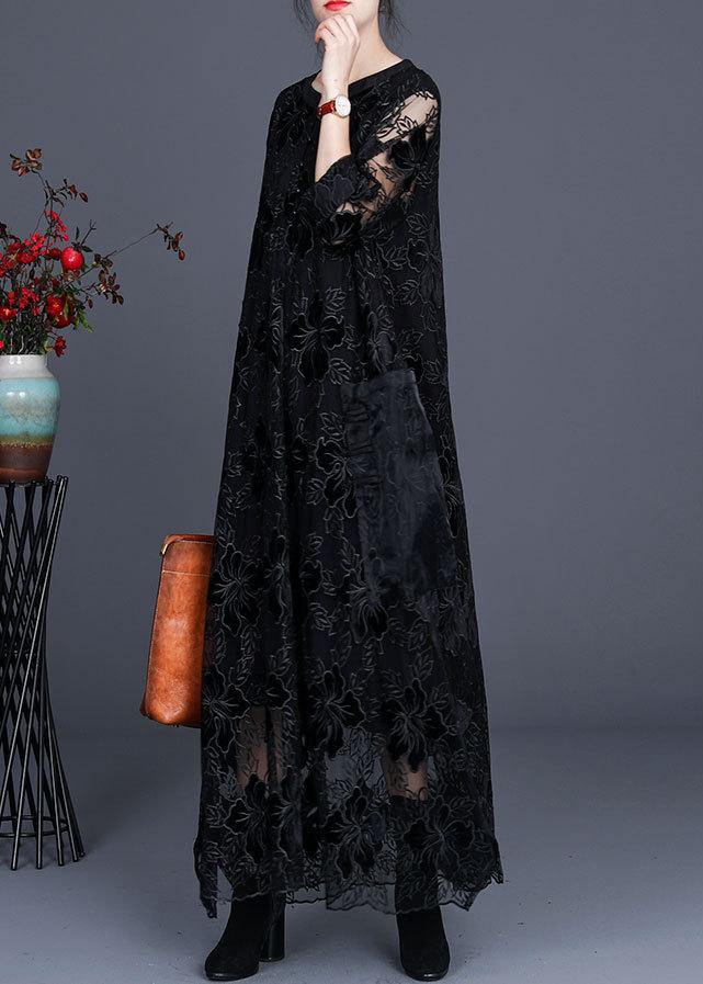 Unique Black Lace Dress Casual Plus Size Caftans Gown - bagstylebliss