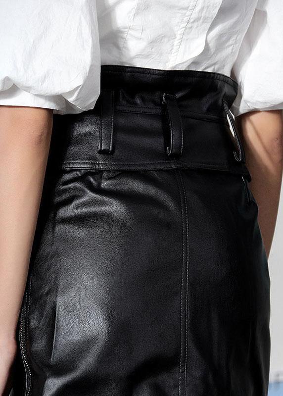 Unique Black High Waist zippered Asymmetrical PU Skirts - bagstylebliss
