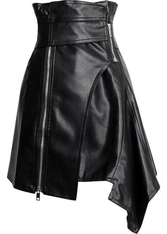 Unique Black High Waist zippered Asymmetrical PU Skirts - bagstylebliss