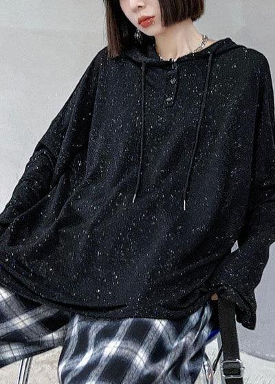 Unique Black Loose Hooded Button Sequins Fall Sweatshirt - bagstylebliss