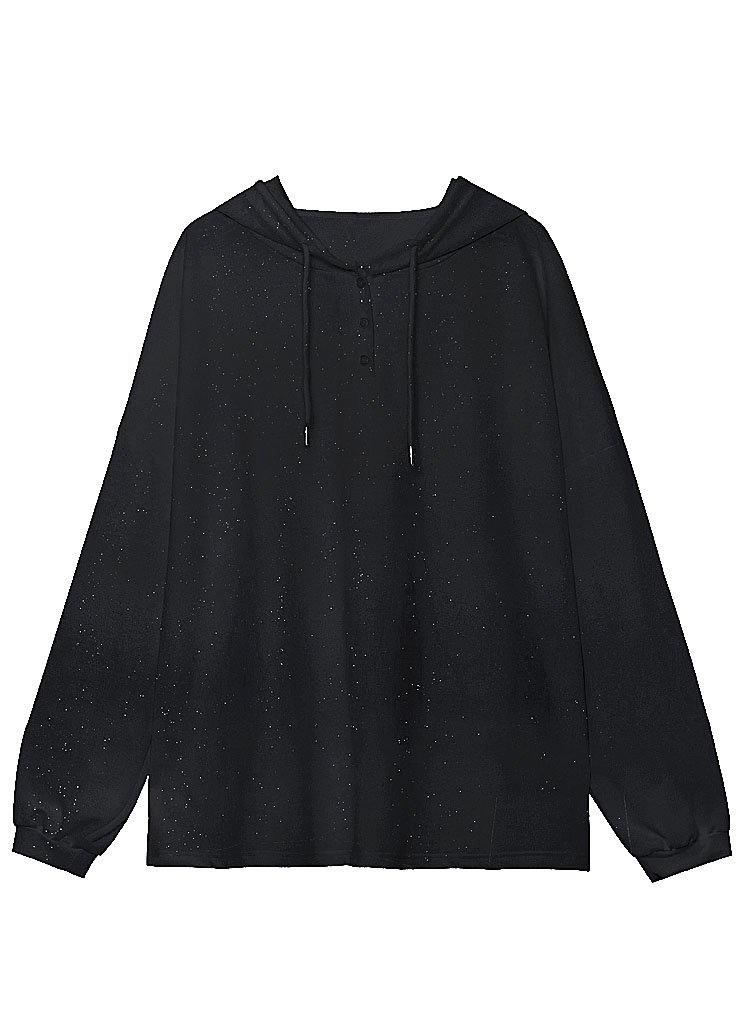 Unique Black Loose Hooded Button Sequins Fall Sweatshirt - bagstylebliss