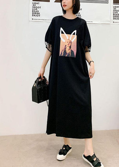 Unique Black O-Neck Puff Sleeve Summer Character Long Dress - bagstylebliss