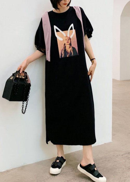 Unique Black O-Neck Puff Sleeve Summer Character Long Dress - bagstylebliss