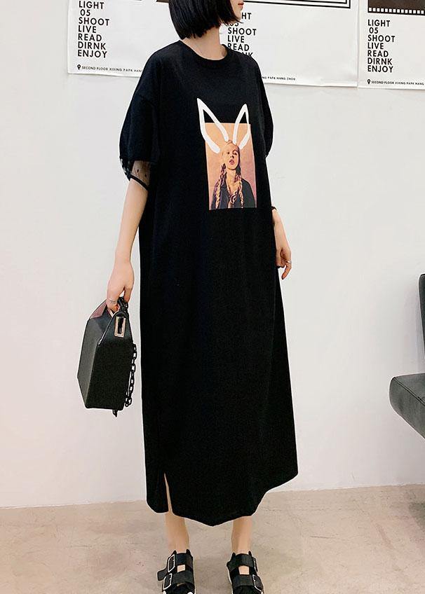 Unique Black O-Neck Puff Sleeve Summer Character Long Dress - bagstylebliss