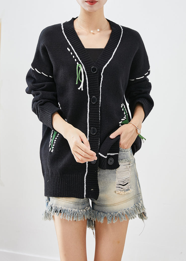 Unique Black Oversized Jacquard Knit Cardigan Fall