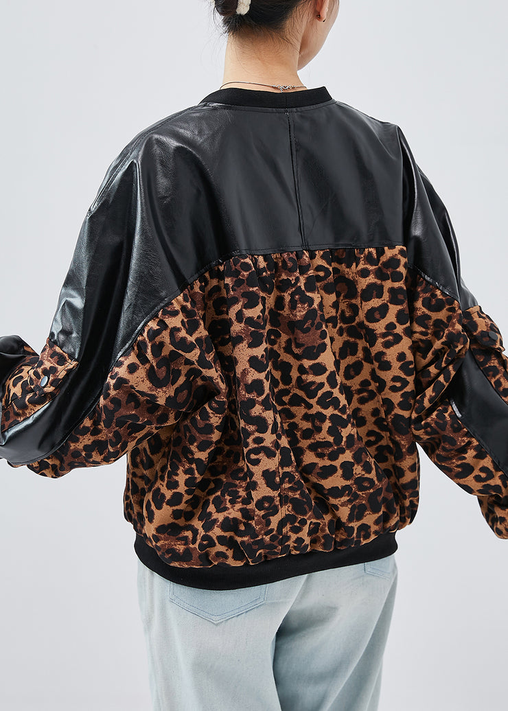 Unique Black Oversized Patchwork Leopard Faux Leather Coats Spring