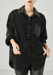 Unique Black Oversized Striped Nail Bead Velour Top Spring