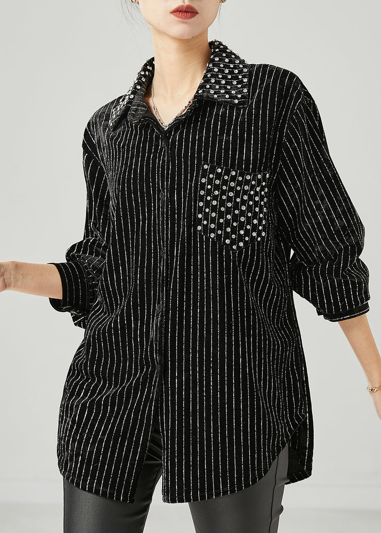 Unique Black Oversized Striped Nail Bead Velour Top Spring