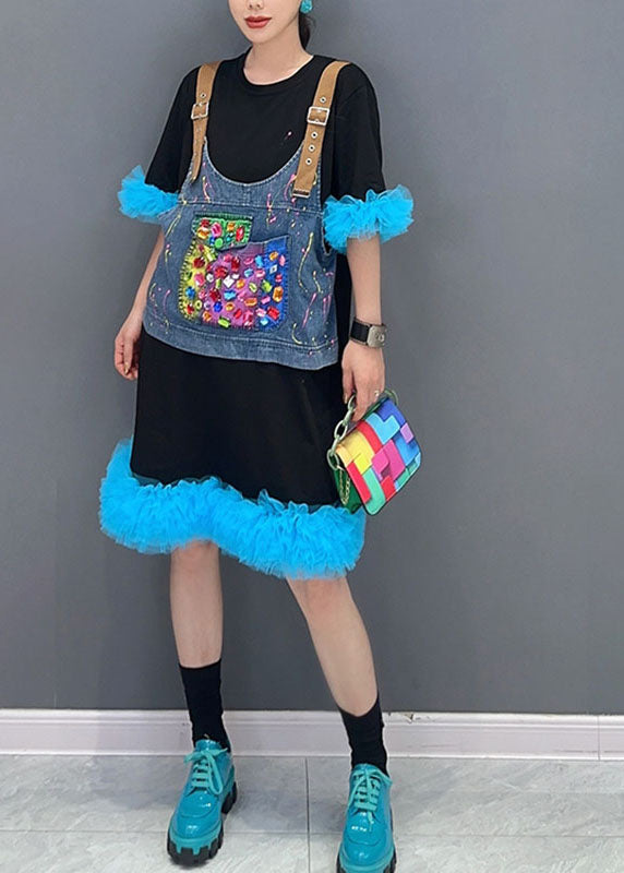 Unique Black Patchwork Blue O-Neck Tulle Mid Dresses Summer