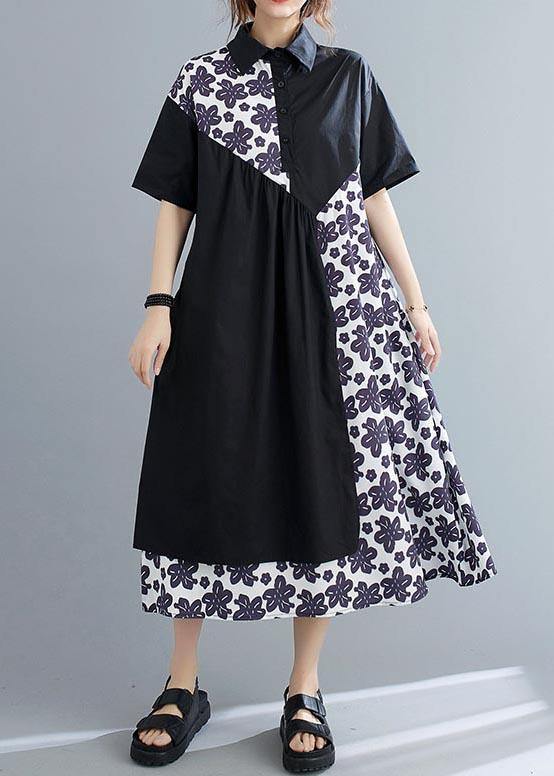 Unique Black Patchwork Print Peter Pan Collar Summer Chiffon Dress - bagstylebliss