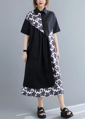 Unique Black Patchwork Print Peter Pan Collar Summer Chiffon Dress - bagstylebliss