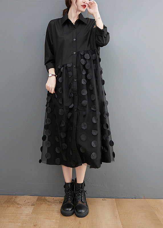 Unique Black Peter Pan Collar Button Tulle Patchwork Shirt Dresses Spring