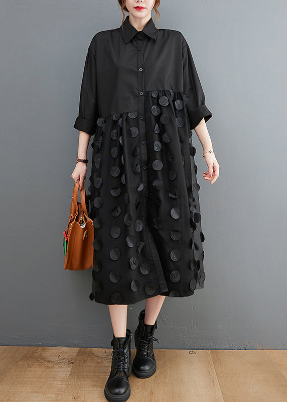 Unique Black Peter Pan Collar Button Tulle Patchwork Shirt Dresses Spring