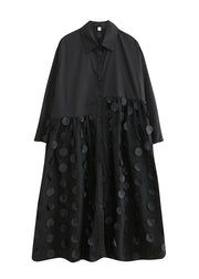 Unique Black Peter Pan Collar Button Tulle Patchwork Shirt Dresses Spring