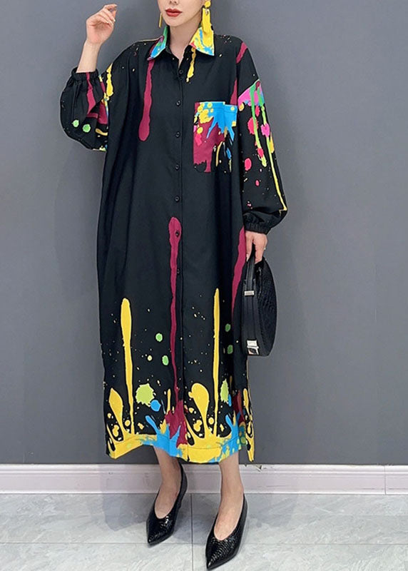 Unique Black Peter Pan Collar Print Maxi Shirts Dress Long Sleeve