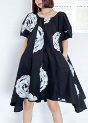Unique Black Print O neck Cotton Puff Sleeve Mini Dress summer - bagstylebliss