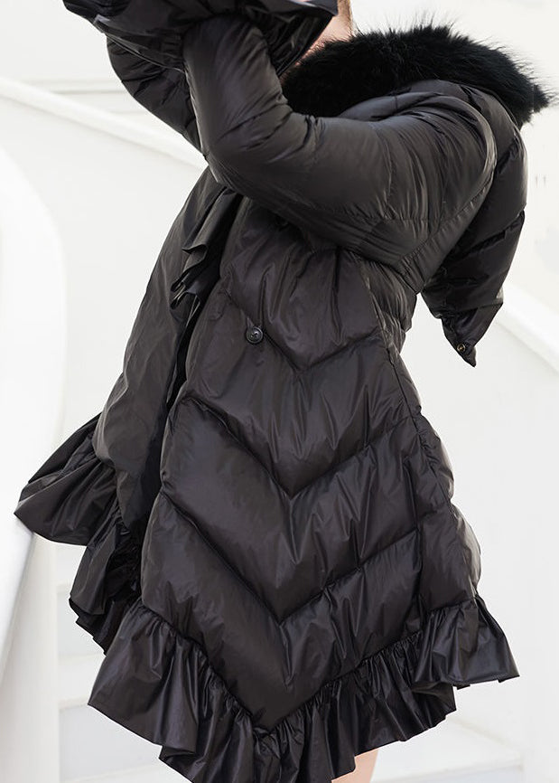 Unique Black Raccoon Hair Collar Ruffled Duck Down Down Coat Winter