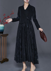 Unique Black Tie Waist Lace Patchwork Silk Velour Maxi Dresses Fall