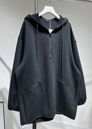 Unique Black Zippered Drawstring Hooded Pullover Long Sleeve